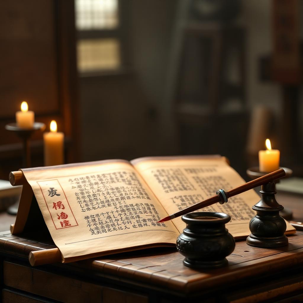 Open classical Chinese scroll and brush on a scholar's desk