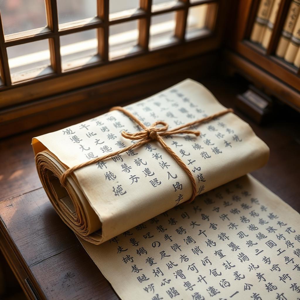 Bundle of ancient Chinese bamboo writing slips tied with cord